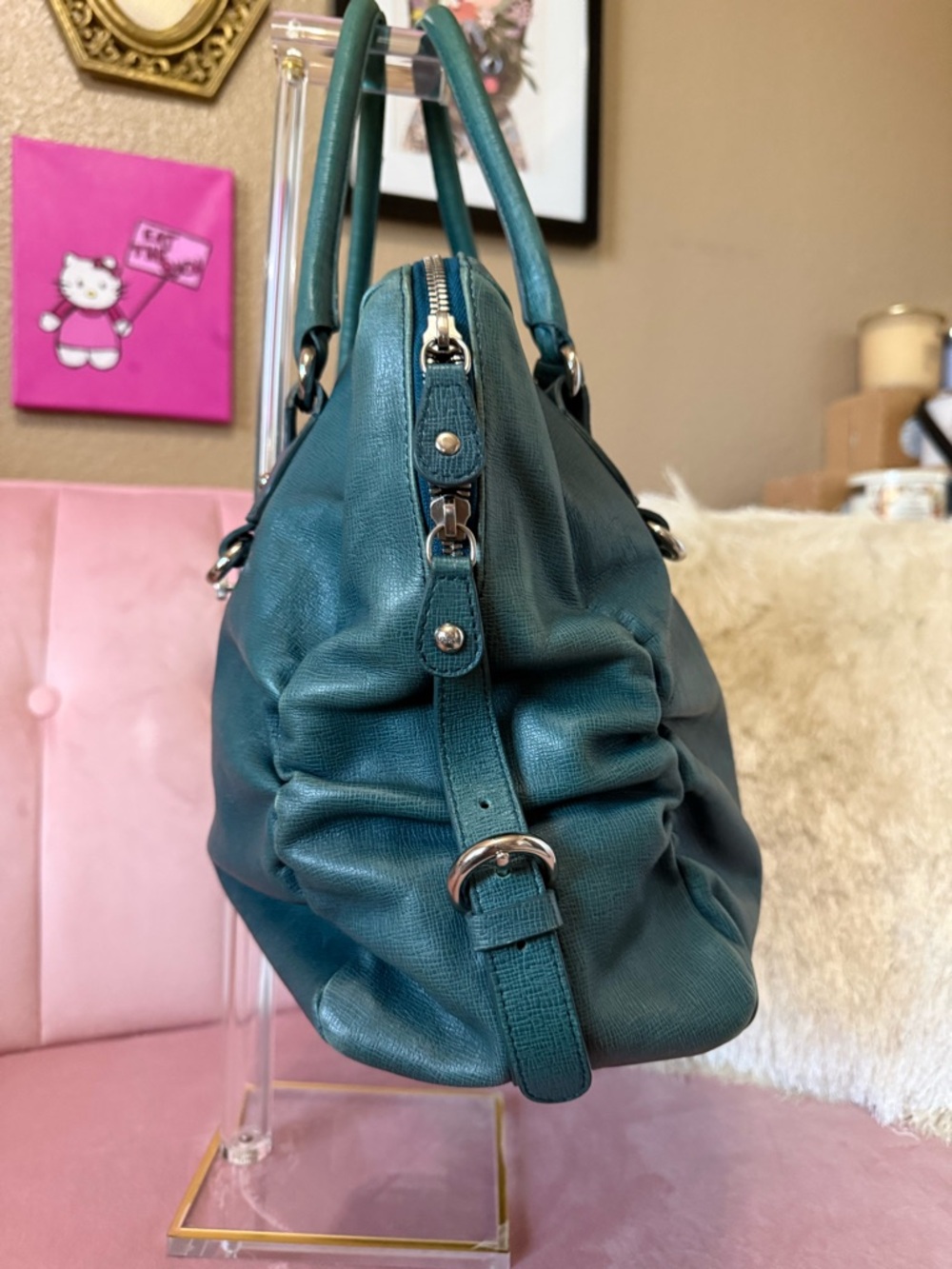 Authentic FURLA Teal Green Leather Satchel Shoulder Bag w Silver Hardware - Picture 4 of 16
